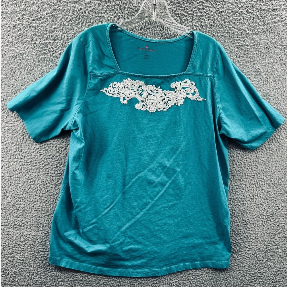 Women Knit Tee Top L Embroidered Lace Coquette Cottage Casual Everyday Soft Girl